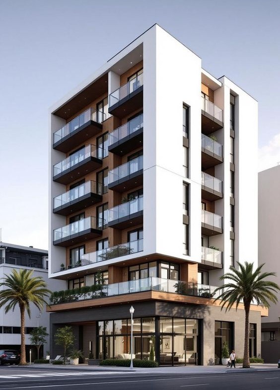 From KlickPin CF Stylish apartment building with balconies and palm trees The followin… in 2025 _ Residential building design Small apartment building design Architecture building design