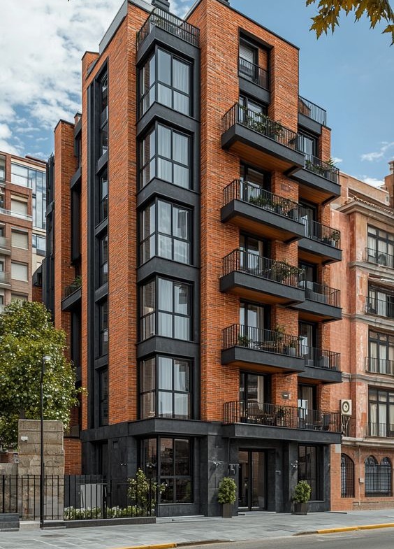 From KlickPin CF Urban Sophistication Modern Apartment Blends Industrial Charm with Contemporary Elegance in 2025 _ Facade architecture design Facade architecture Brick architecture